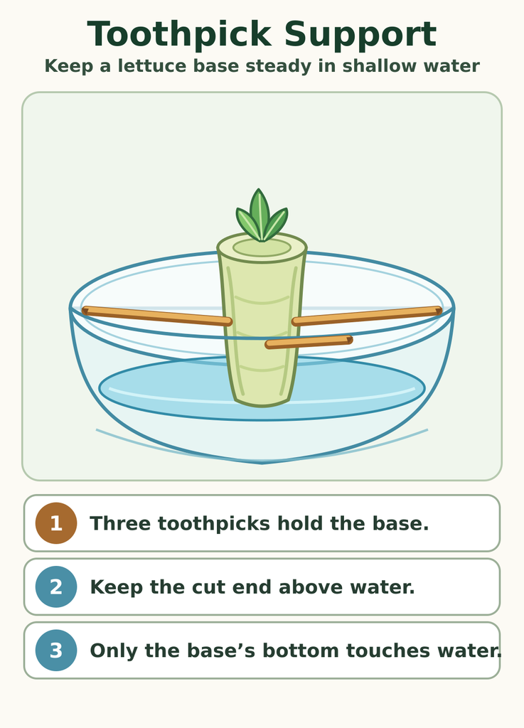Illustration of toothpicks holding a lettuce base upright in a shallow dish, with only the bottom of the base touching the water.