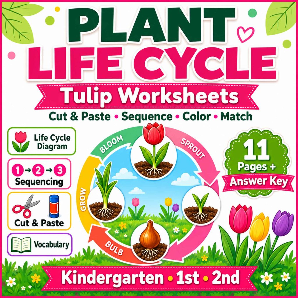 Tulip life cycle worksheets cover featuring a colorful bulb-to-bloom diagram, cut-and-paste and sequencing activities, and 11 printable pages with an answer key for Kindergarten through 2nd grade.
