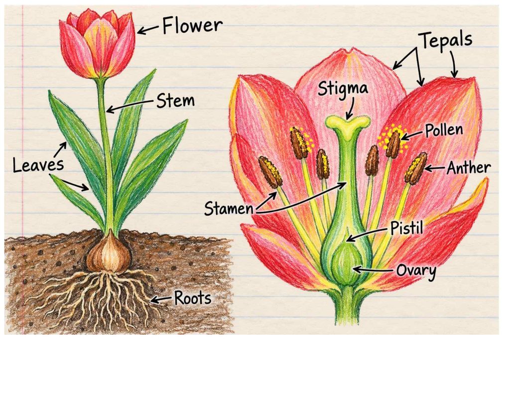 Hand-drawn tulip parts diagram showing the bulb and roots below the soil, stem, leaves, and flower, with an enlarged bloom labeled with tepals, stamens, anther, pollen, pistil, stigma, and ovary.