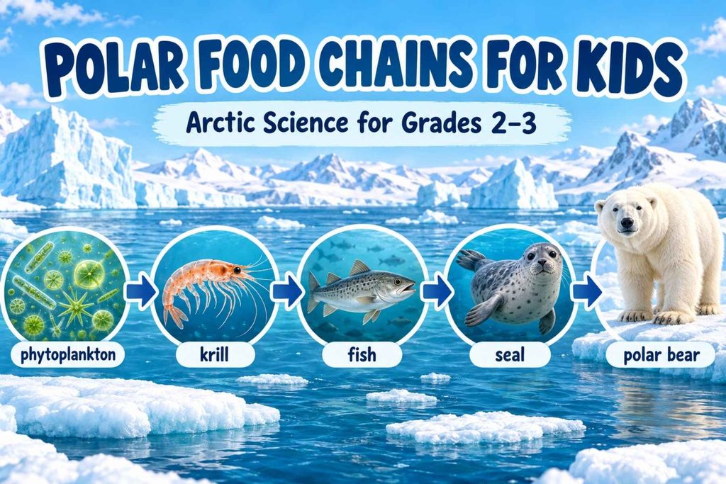 Polar food chain for kids showing phytoplankton, krill, fish, seal, and polar bear in an Arctic ocean ecosystem for Grades 2–3.