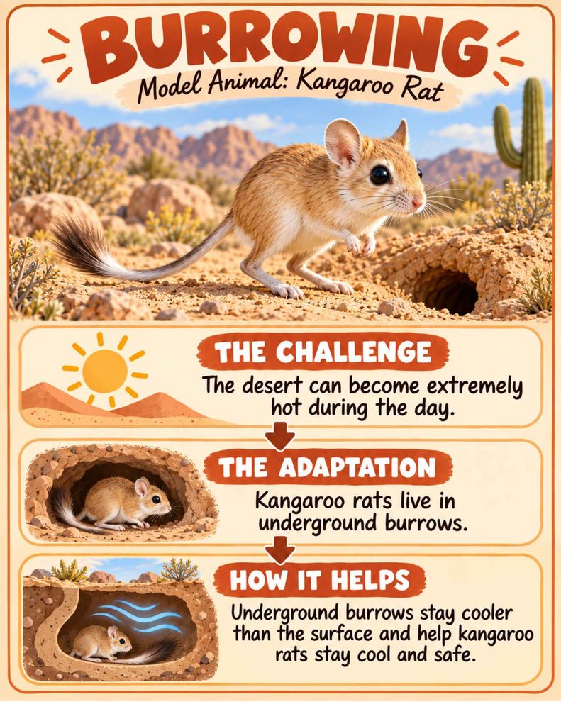 Kangaroo rat burrowing adaptation diagram showing how underground burrows provide cooler shelter and help kangaroo rats stay safe from desert heat.