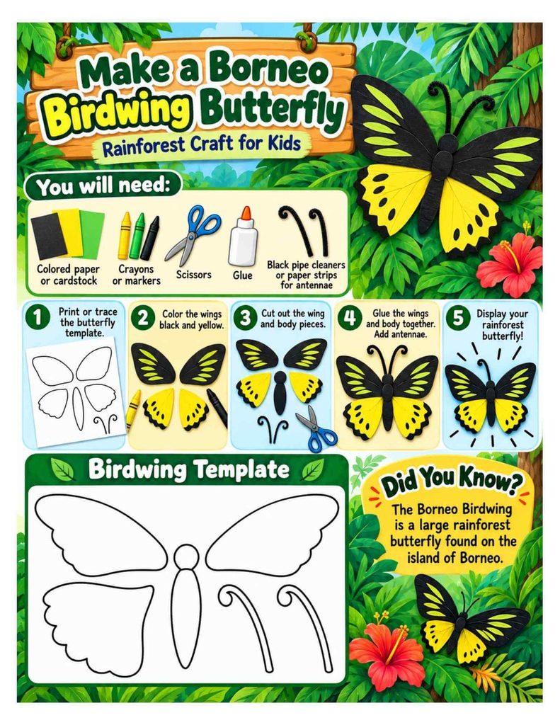 Borneo birdwing butterfly craft for kids with step-by-step instructions and a free printable butterfly template. Easy rainforest craft featuring black and yellow paper wings, body, and antennae.