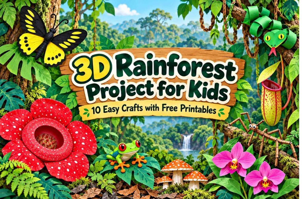 3D rainforest project for kids featuring 10 easy rainforest crafts, including a butterfly, frog, snake, rafflesia flower, pitcher plant, orchids, and mushrooms, with free printable templates.
