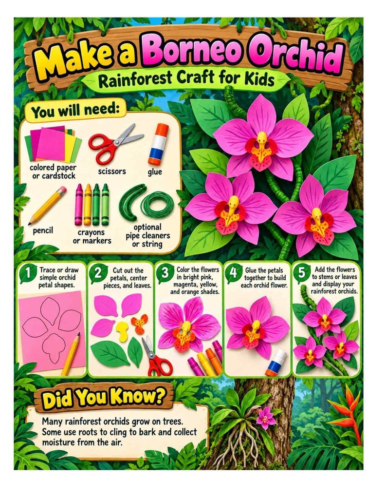 Borneo orchid craft for kids with step-by-step instructions for making colorful 3D paper orchids using pink cardstock, scissors, crayons, and glue. Easy rainforest flower craft for elementary students.