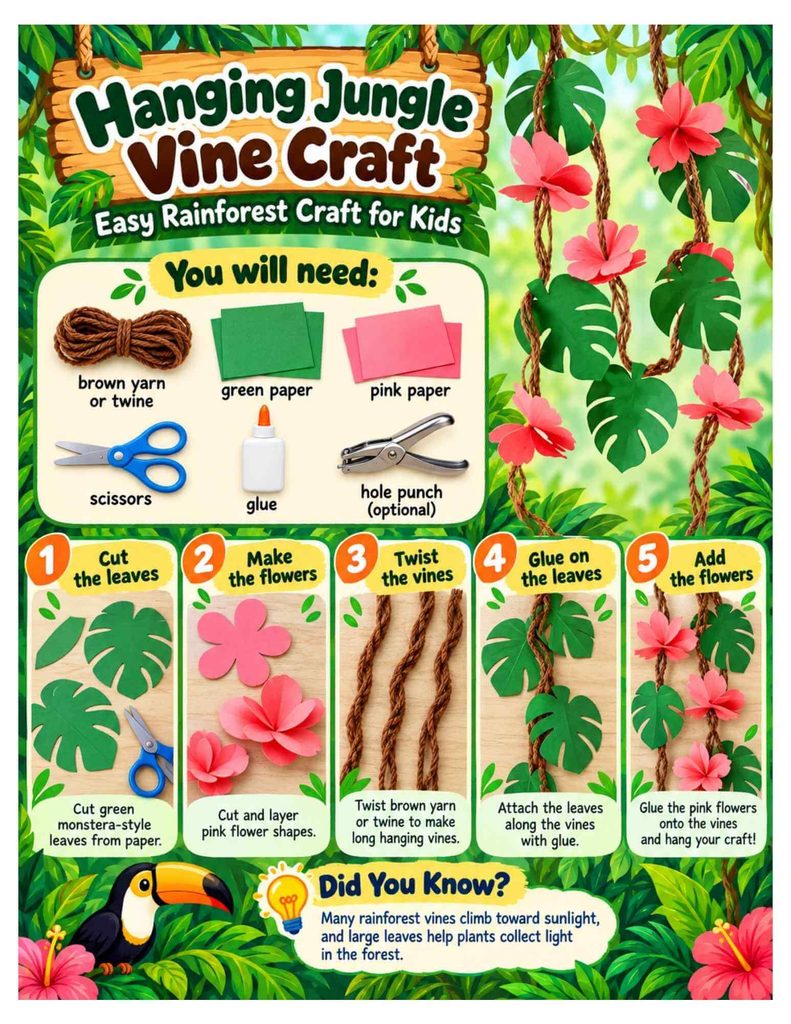 Hanging jungle vine craft for kids with step-by-step instructions using brown yarn, green paper leaves, and pink flowers. Easy 3D rainforest craft for elementary students.