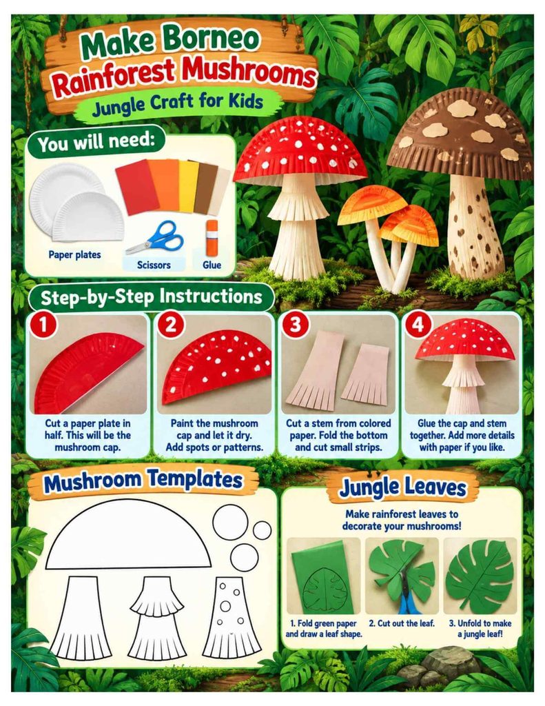 Rainforest mushroom craft for kids with step-by-step instructions for making colorful 3D paper plate mushrooms, plus printable mushroom templates and jungle leaf decorations.