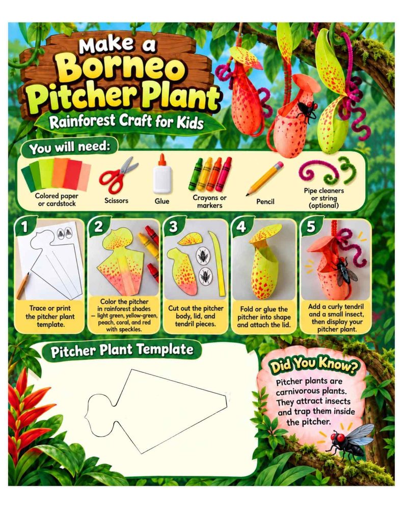 Borneo pitcher plant craft for kids with step-by-step instructions and a free printable template for making colorful 3D carnivorous plants using paper, crayons, scissors, and glue.