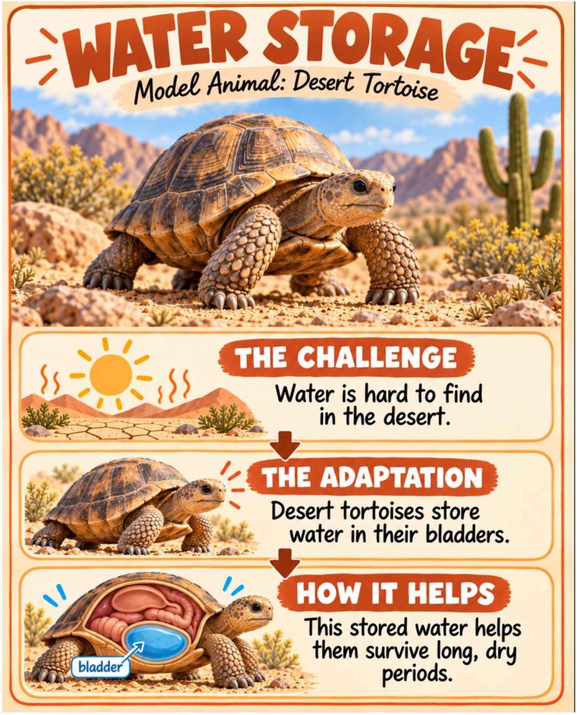 Desert tortoise water storage adaptation diagram showing how the tortoise stores water in its bladder to survive long, dry desert periods.