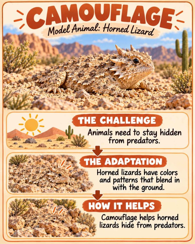 Horned lizard camouflage adaptation diagram showing how its colors and patterns help it blend into rocky desert ground and hide from predators.