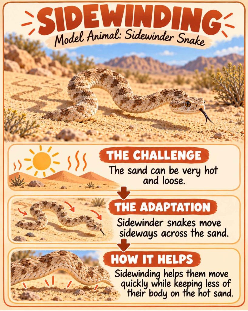 Sidewinder snake adaptation diagram showing how sidewinding helps the snake move across loose, hot desert sand while reducing contact with the ground.