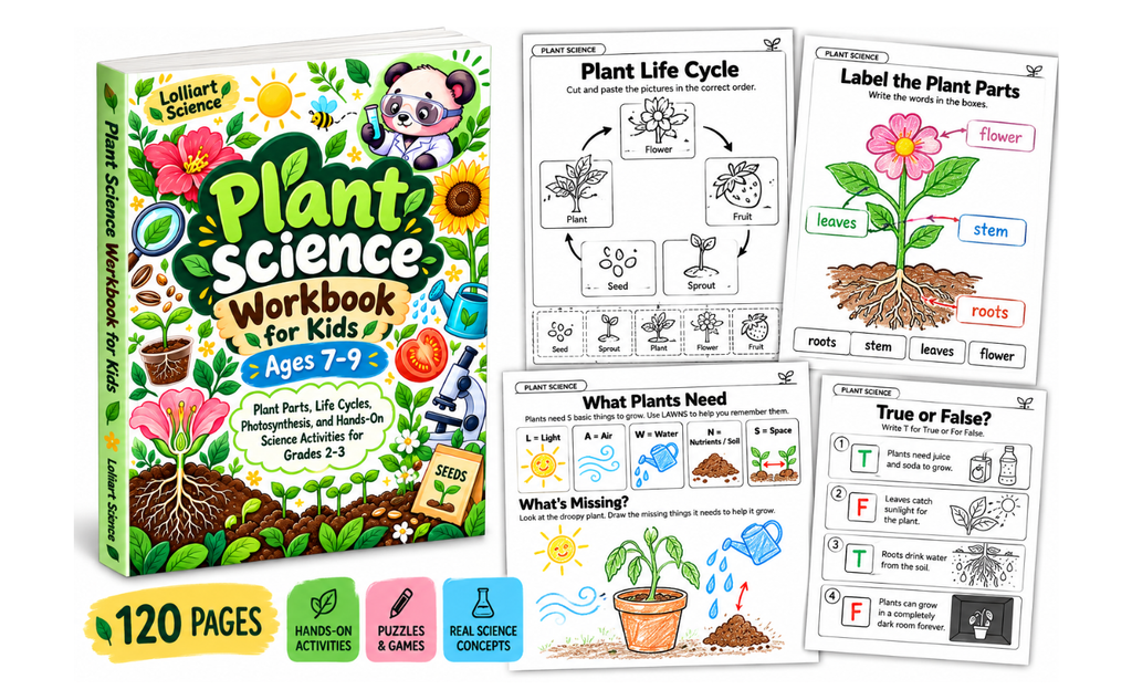 Plant Science Workbook for Kids Ages 7–9 featuring a plant needs word search, bulb plant coloring activity, and plant reproduction by seeds worksheets.