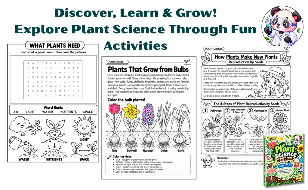 Plant Science Workbook for Kids Ages 7–9, featuring 120 pages of plant life cycle activities, plant parts labeling, plant needs worksheets, true or false questions, coloring, and hands-on science exercises for Grades 2–3.
