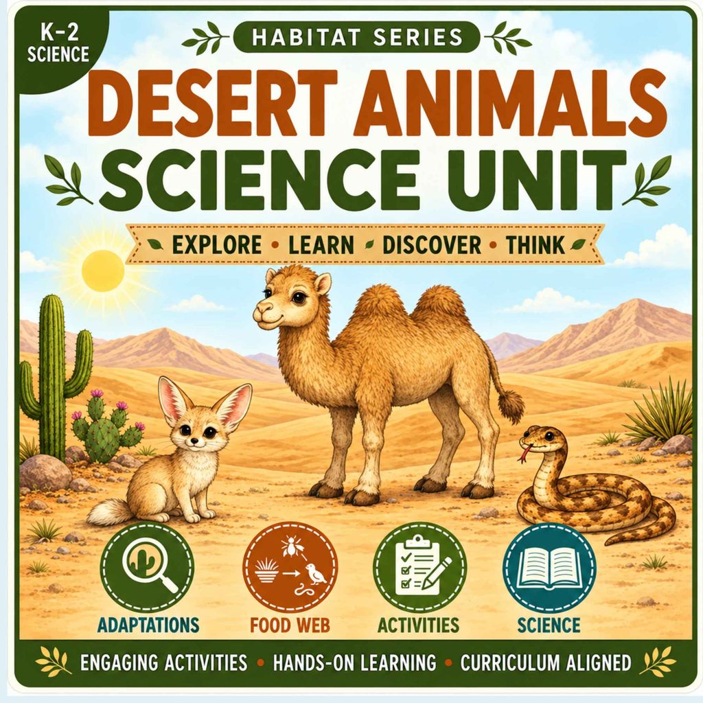 Desert animals science unit for K–2 featuring a camel, fennec fox, and desert snake with activities on adaptations and food webs.