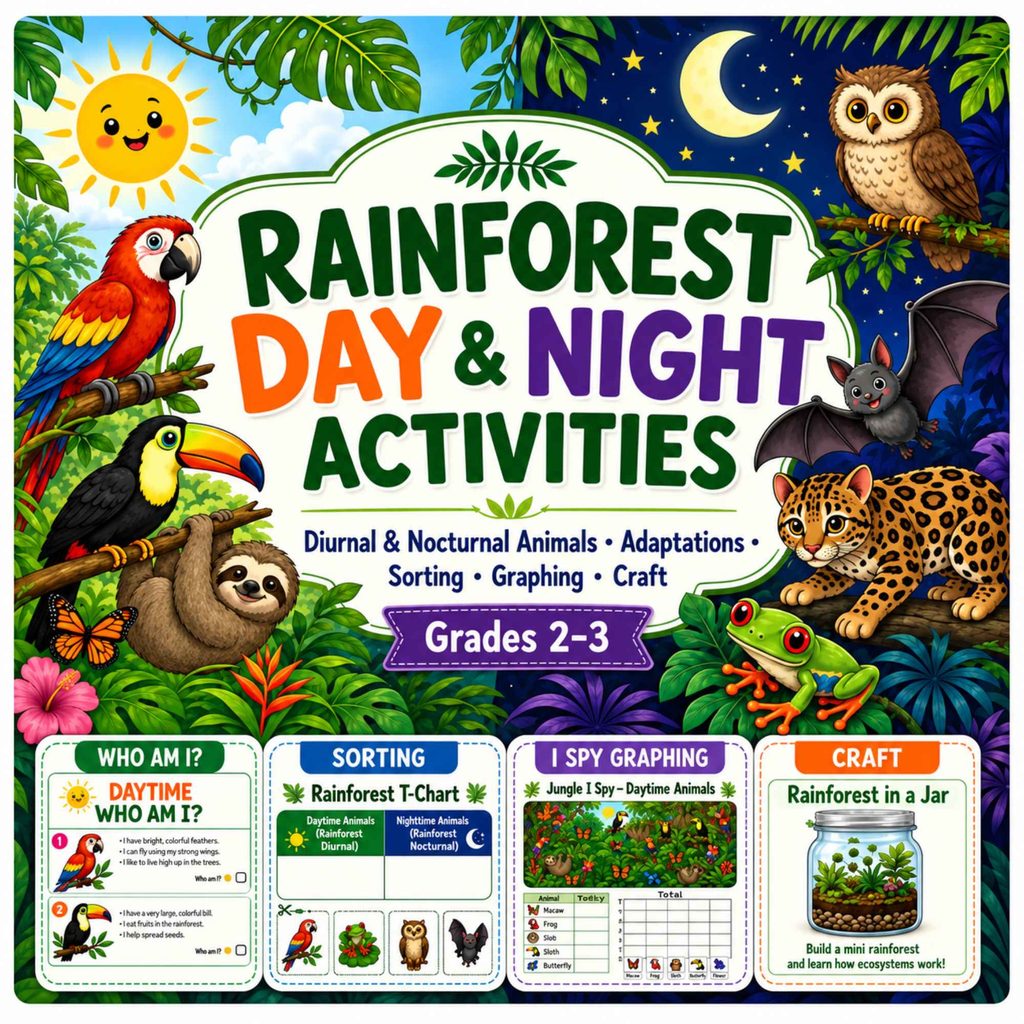 Rainforest Day and Night science activities for Grades 2–3 featuring nocturnal and diurnal animals, animal adaptations, sorting, graphing, and a rainforest in a jar craft.