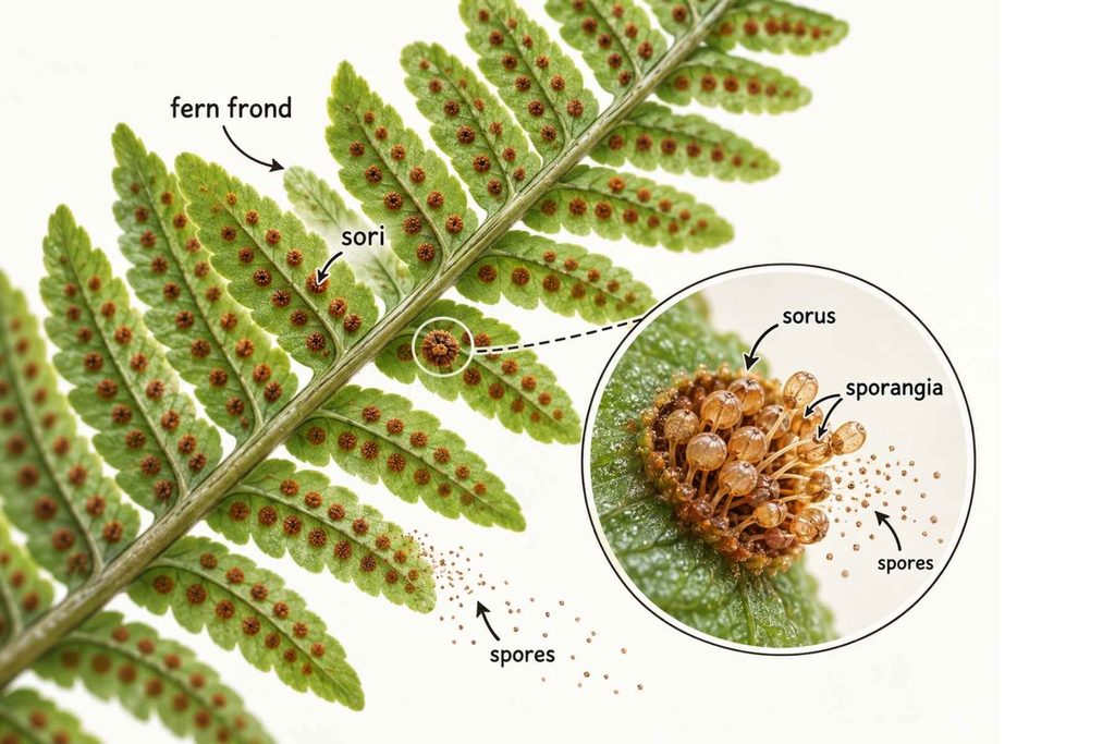 Fern sori diagram showing sporangia and spores on the underside of a fern frond for kids.