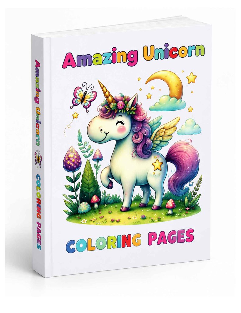 Amazing Unicorn Coloring Pages book cover with a cute rainbow unicorn, flowers, and magical fantasy details for kids who love unicorn coloring activities.