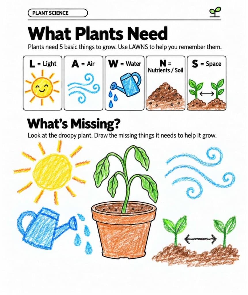 Plant science activities for Grades 2–3 featuring a growing seedling, bean germination experiment, and printable plant needs worksheets.