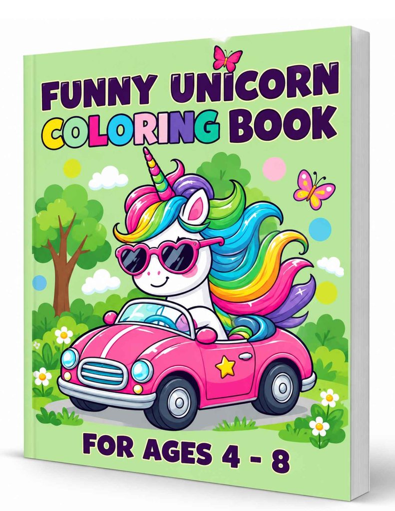 Funny Unicorn Coloring Book for ages 4–8 featuring a rainbow-haired unicorn wearing sunglasses and driving a pink car.