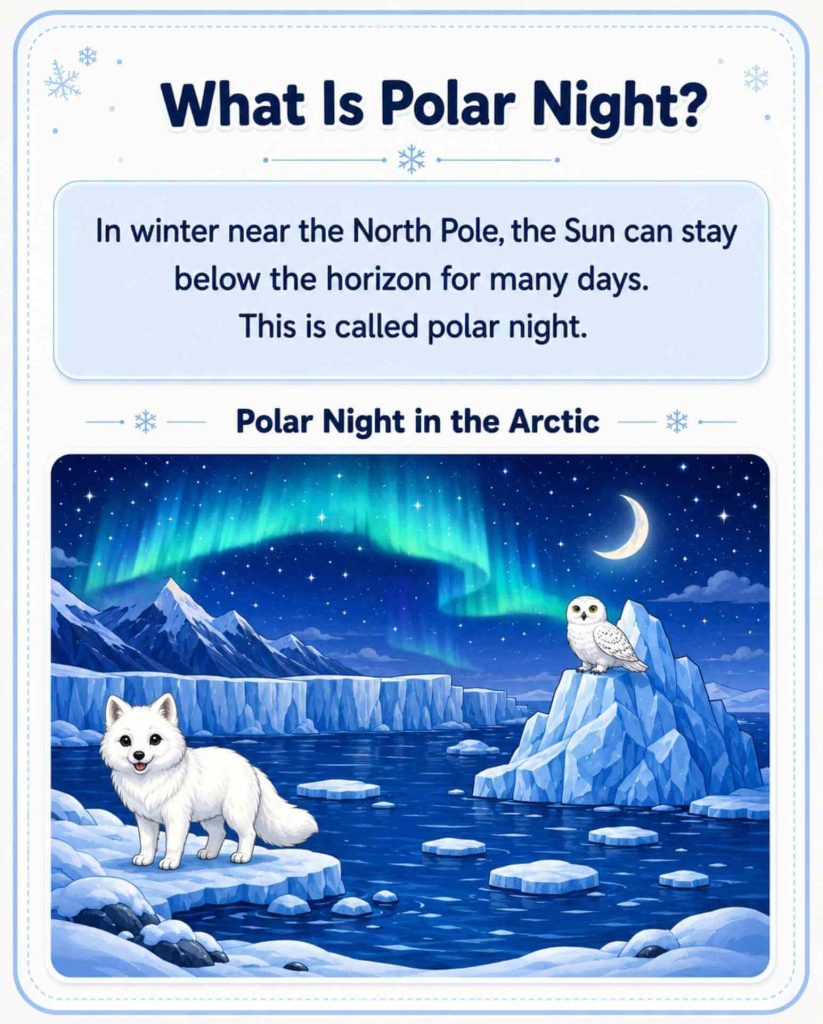 Polar Day vs. Polar Night comparison chart for kids showing Arctic summer and winter, the midnight sun, and periods of darkness.