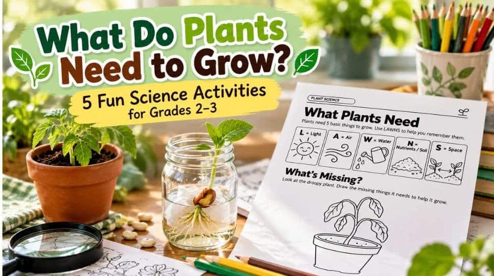 Plant science activities for Grades 2–3 featuring a growing seedling, bean germination experiment, and printable plant needs worksheets.