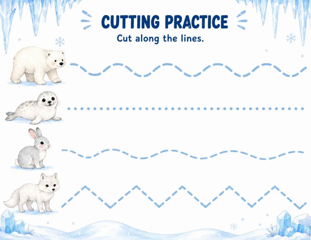 Polar animals cutting practice worksheet for preschool and kindergarten featuring a polar bear, seal, Arctic hare, and Arctic fox with dotted, wavy, and zigzag lines to develop fine motor and scissor skills.