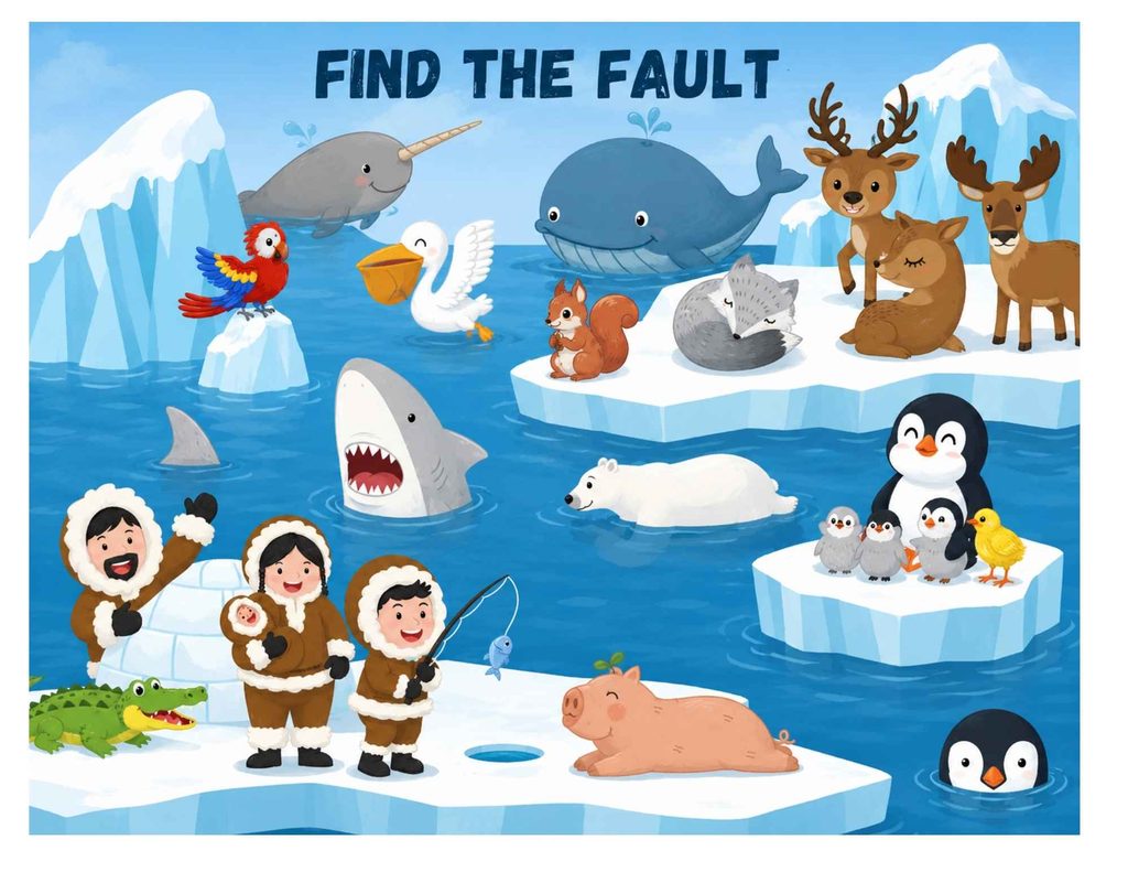 Polar animals Find the Fault worksheet for preschool and kindergarten featuring Arctic animals mixed with non-polar animals, helping children identify which animals do not belong in a polar habitat.
