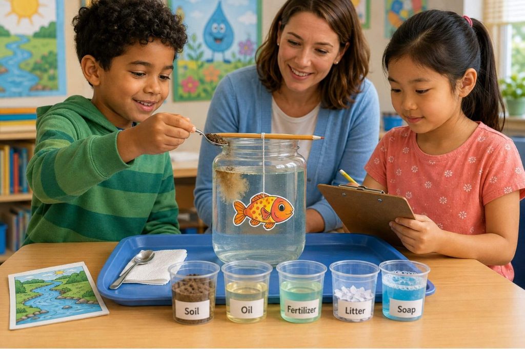 Elementary students and teacher conducting a water pollution experiment, adding model pollutants to a river water jar during a hands-on STEM science activity for Grades 2–3.