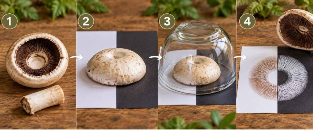 How to make a mushroom spore print for kids in four simple steps using paper, a mushroom cap, and a glass cover.