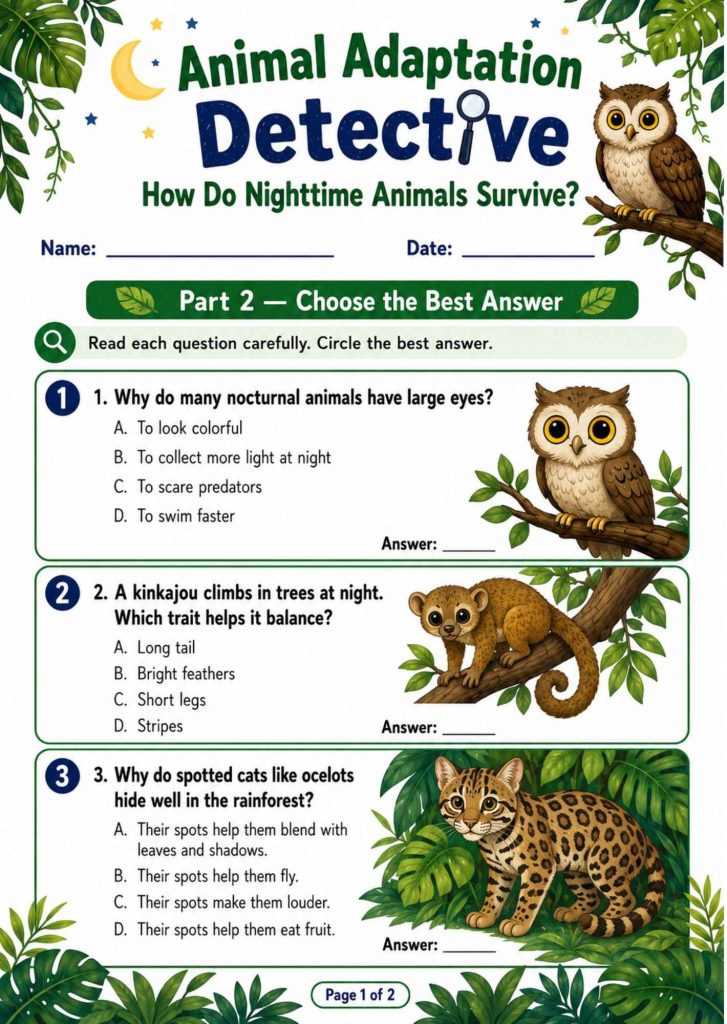Nocturnal rainforest animal adaptations worksheet for Grades 2–3 with multiple-choice questions about owls, kinkajous, ocelots, and survival traits.