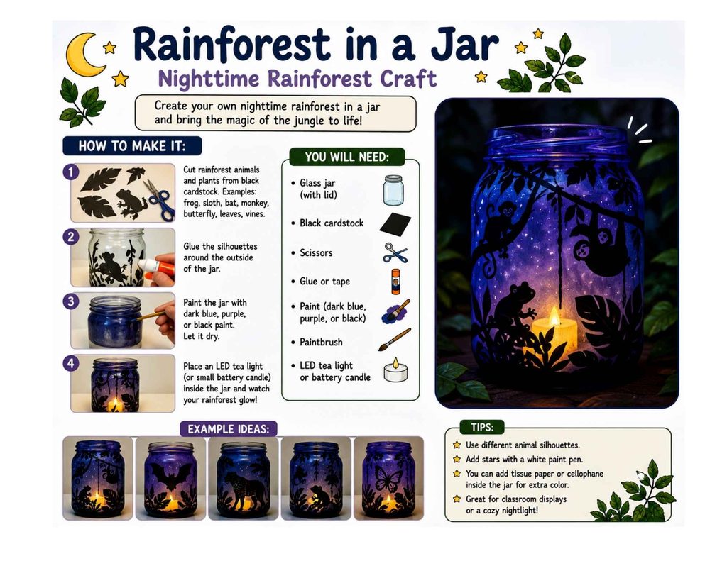 Rainforest in a Jar craft for Grades 2–3 showing a nighttime rainforest habitat with animal silhouettes, LED light, and step-by-step classroom instructions.