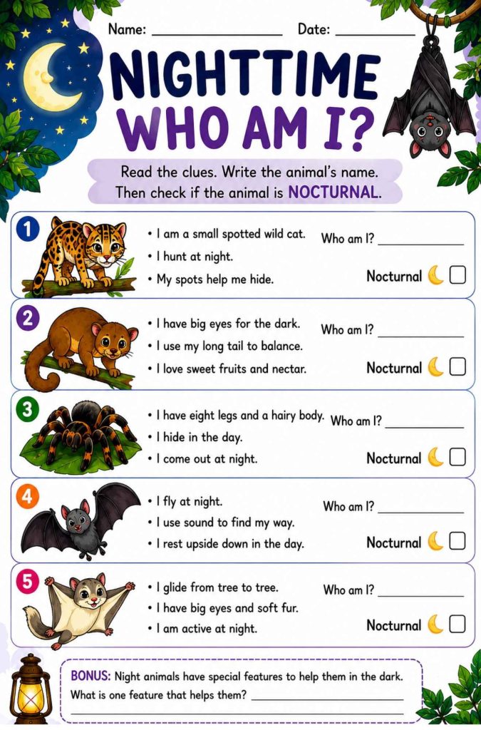 Nocturnal rainforest animals worksheet for Grades 2–3 with clues about an ocelot, kinkajou, tarantula, bat, and flying squirrel.