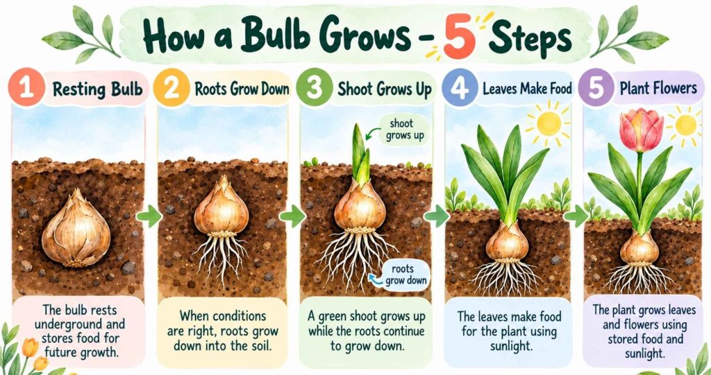 How a bulb grows in five steps, from a resting bulb to root growth, shoot growth, leaves making food, and a flowering plant.