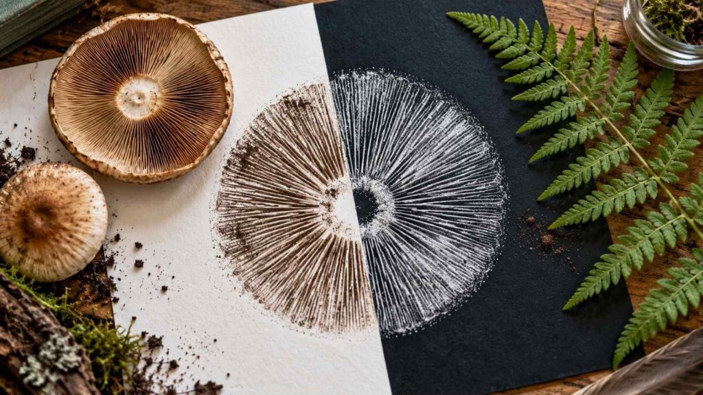 Spore print art for kids with a mushroom cap, fern fronds, and a detailed mushroom spore print on white and black paper.