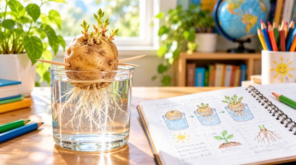 Potato experiment for kids showing a sprouting potato growing over a clear glass of water