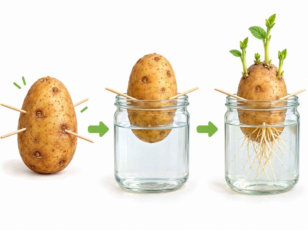 Potato in a glass of water with toothpicks for a simple classroom