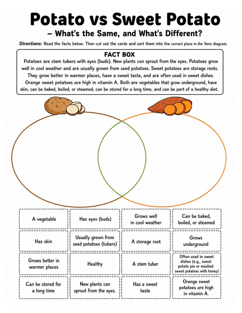 Potato vs sweet potato Venn diagram comparing a stem tuber and storage root