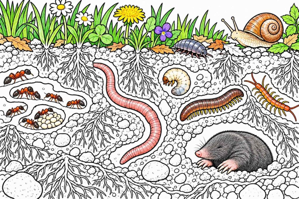 Partially colored soil animals coloring page for Grades 2–3 showing an underground habitat with earthworms, ants, a mole, snail, pill bug, millipede, centipede, and beetle grub.
