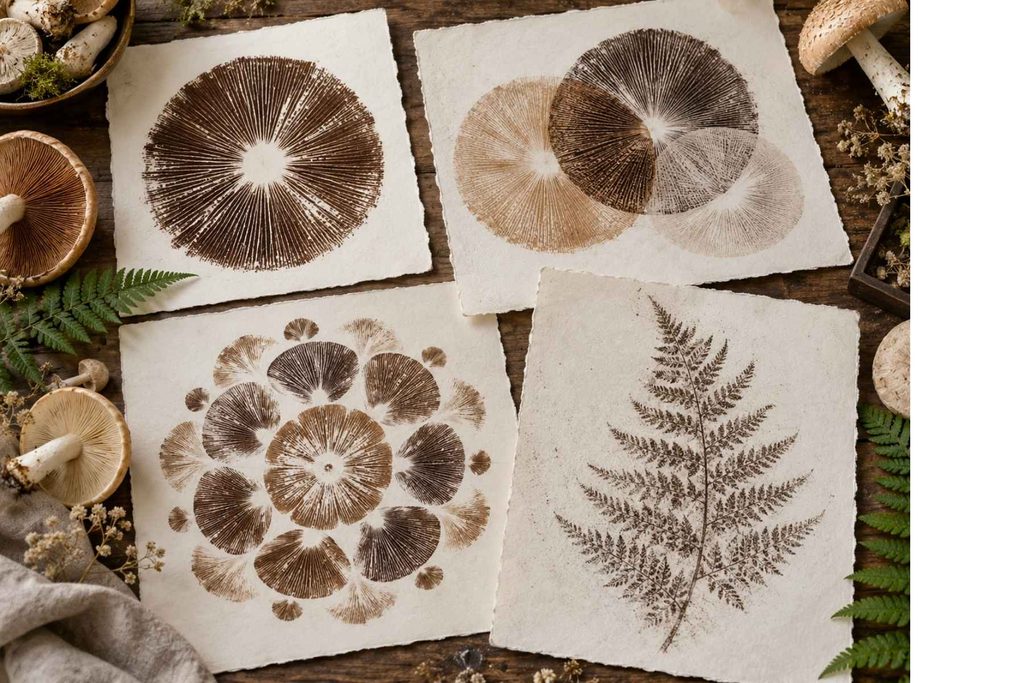 Creative spore print art for kids featuring mushroom prints, overlapping spore patterns, a mandala-style design, and fern nature art.